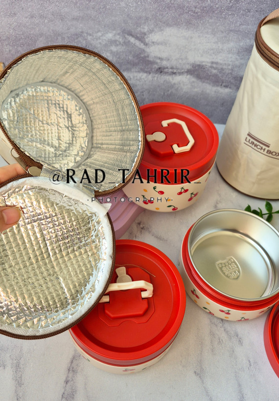 ظرف غذای سه تایی داخل فلزی به همراه کیف حمل طرح cherry