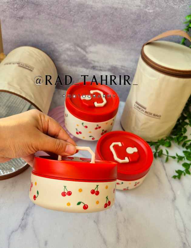 ظرف غذای سه تایی داخل فلزی به همراه کیف حمل طرح cherry
