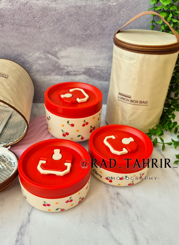 ظرف غذای سه تایی داخل فلزی به همراه کیف حمل طرح cherry