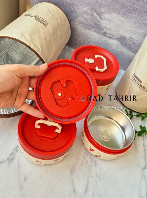 ظرف غذای سه تایی داخل فلزی به همراه کیف حمل طرح cherry