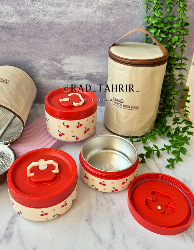 ظرف غذای سه تایی داخل فلزی به همراه کیف حمل طرح cherry