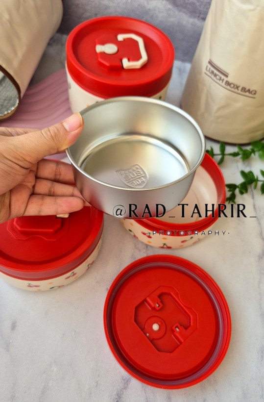 ظرف غذای سه تایی داخل فلزی به همراه کیف حمل طرح cherry